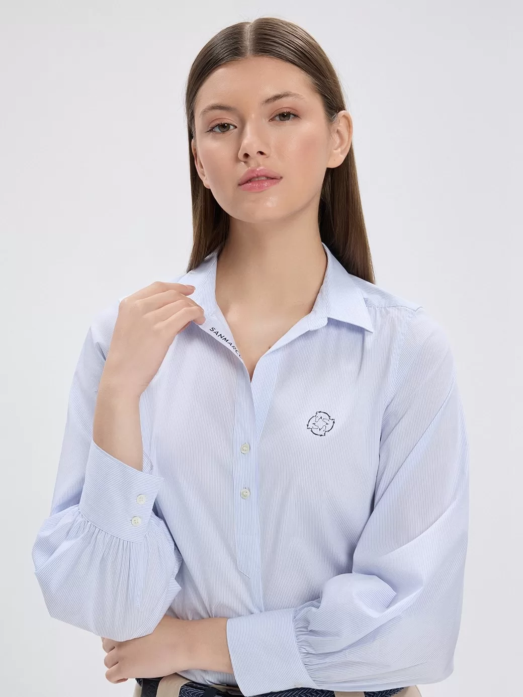 Marbella White/Blue Kadın Uzun Kol Casual Gömlek