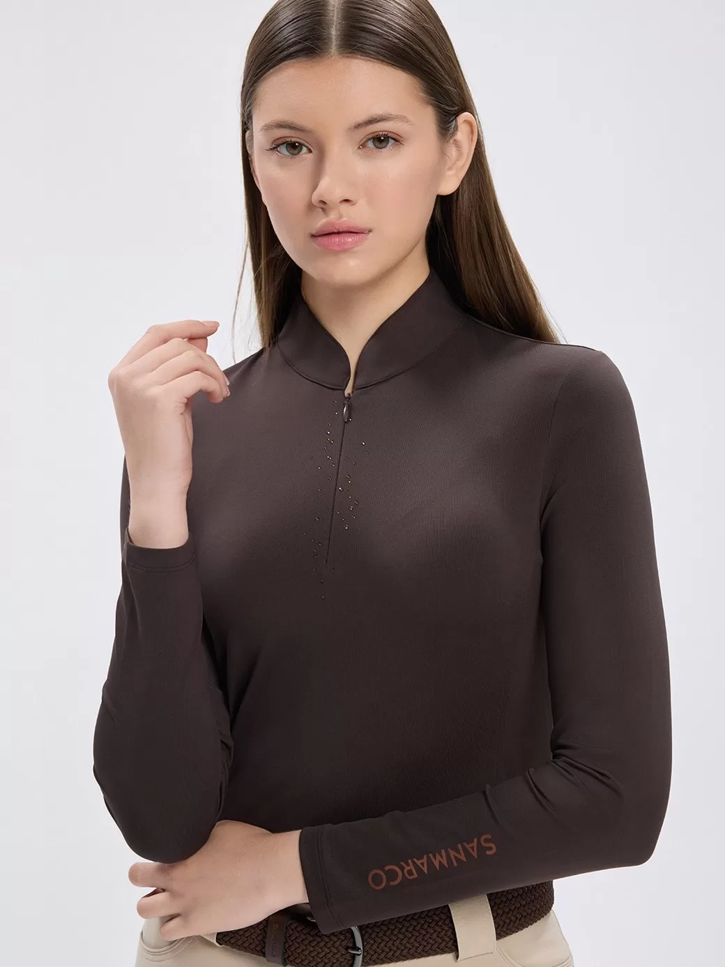 Aspen-Strass Brown Strass Taş Detaylı Kadın Uzun Kol Fermuarlı T-Shirt